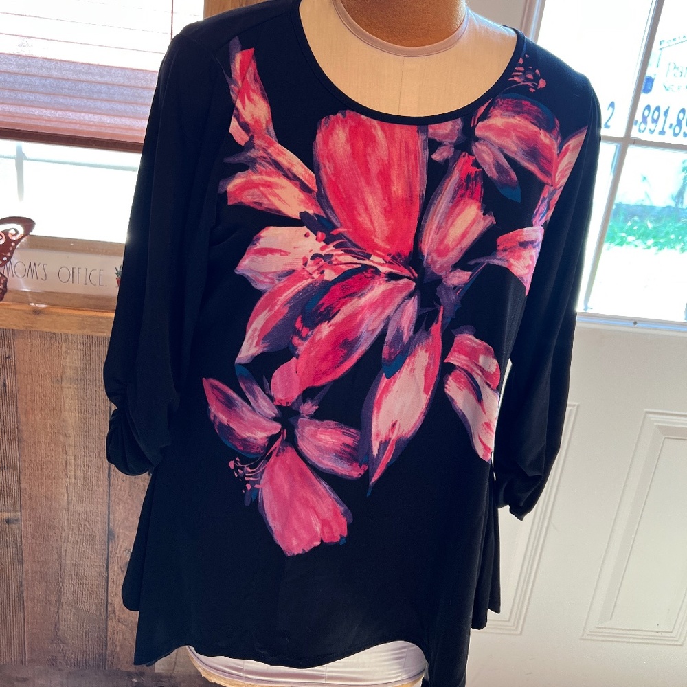 WOMENS LADIES SIZE 14/16 VIP KNITS BLACK PINK PURPLE FLORAL TOP TUNIC BLOUSE